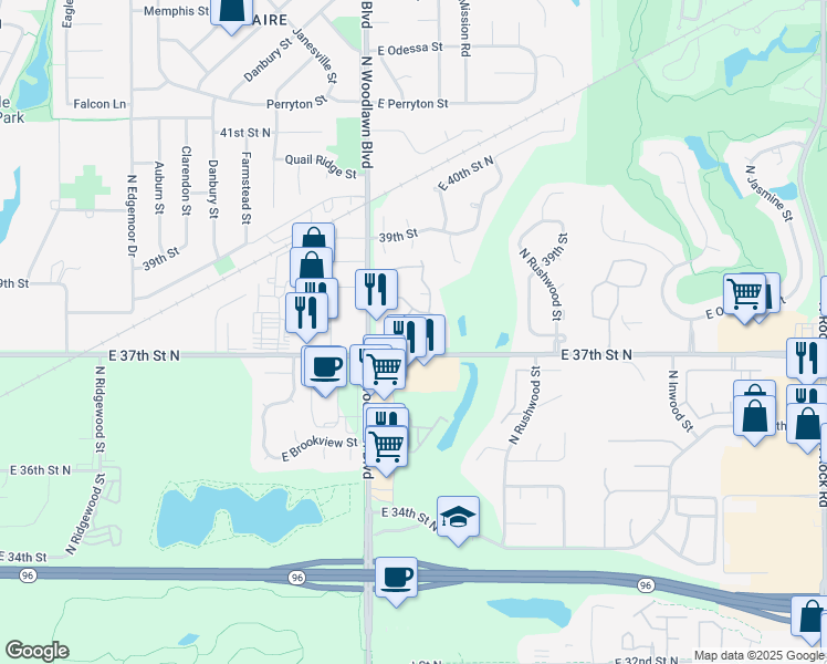 map of restaurants, bars, coffee shops, grocery stores, and more near 17 Chisholm Creek Drive in Wichita