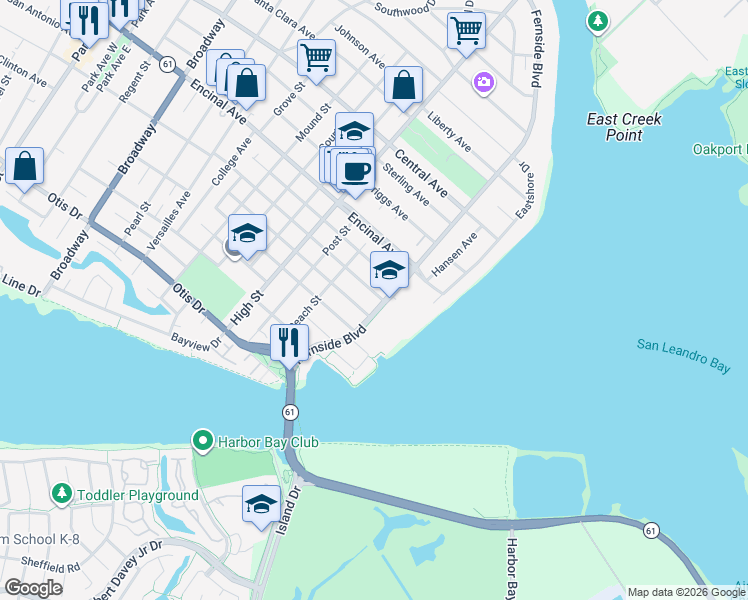 map of restaurants, bars, coffee shops, grocery stores, and more near 3286 San Jose Avenue in Alameda