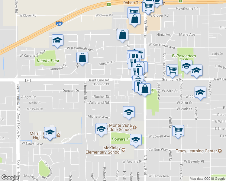 map of restaurants, bars, coffee shops, grocery stores, and more near 2270 Chester Drive in Tracy