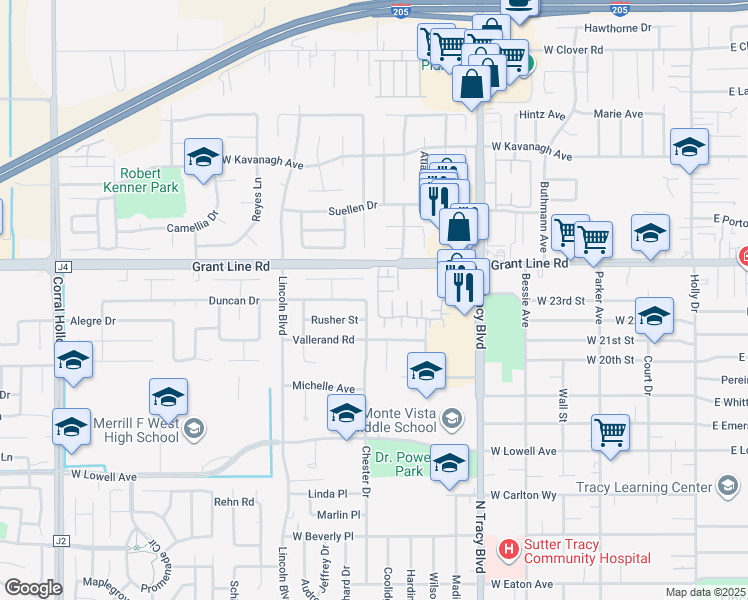 map of restaurants, bars, coffee shops, grocery stores, and more near 2270 Chester Drive in Tracy