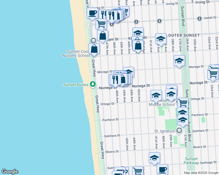map of restaurants, bars, coffee shops, grocery stores, and more near Noriega Street & 47th Avenue in San Francisco