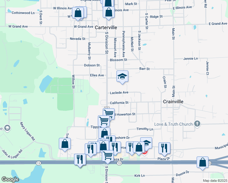 map of restaurants, bars, coffee shops, grocery stores, and more near 104 Laclede Avenue in Carterville
