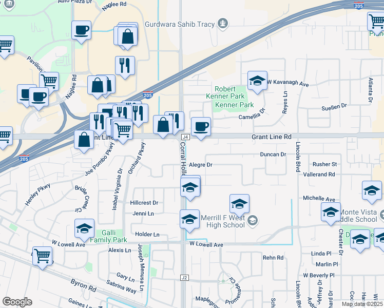 map of restaurants, bars, coffee shops, grocery stores, and more near 1920 West Grant Line Road in Tracy