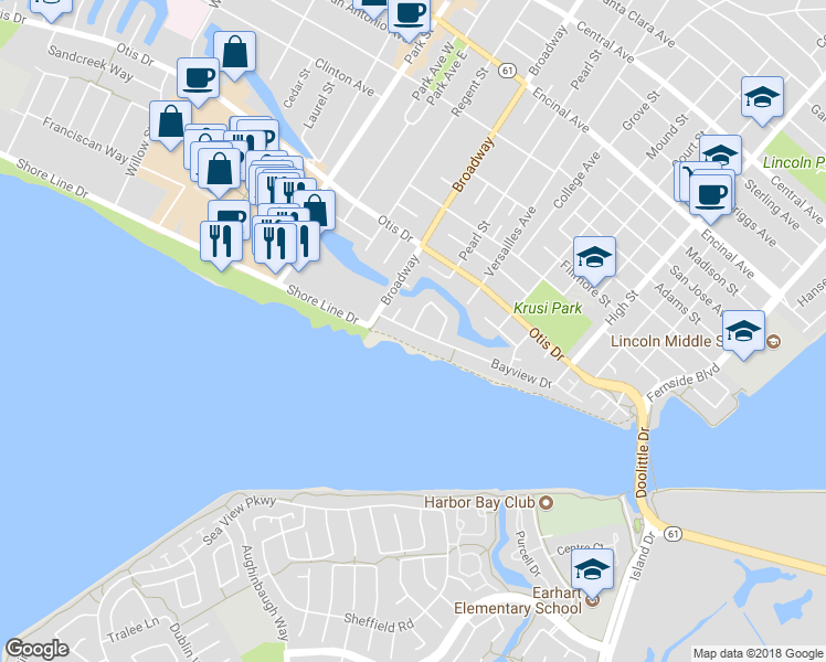 map of restaurants, bars, coffee shops, grocery stores, and more near Bayview Drive & Laguna Vista in Alameda