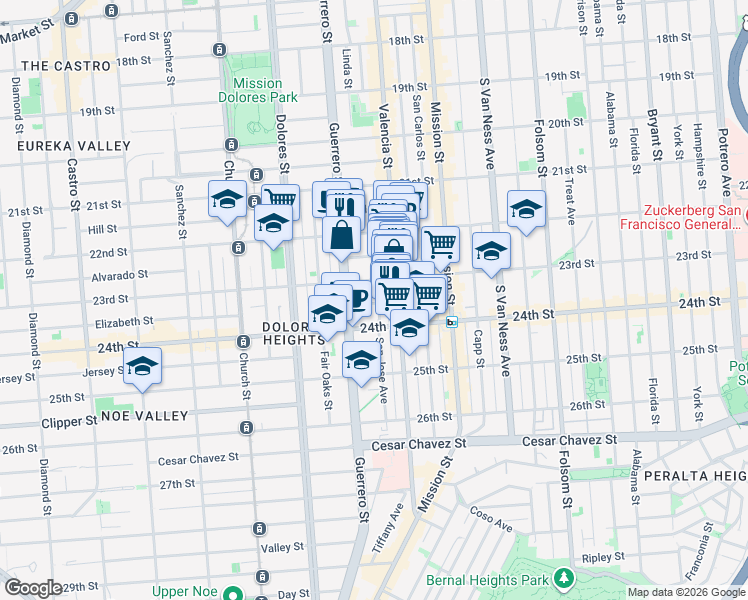 map of restaurants, bars, coffee shops, grocery stores, and more near 3555 23rd Street in San Francisco