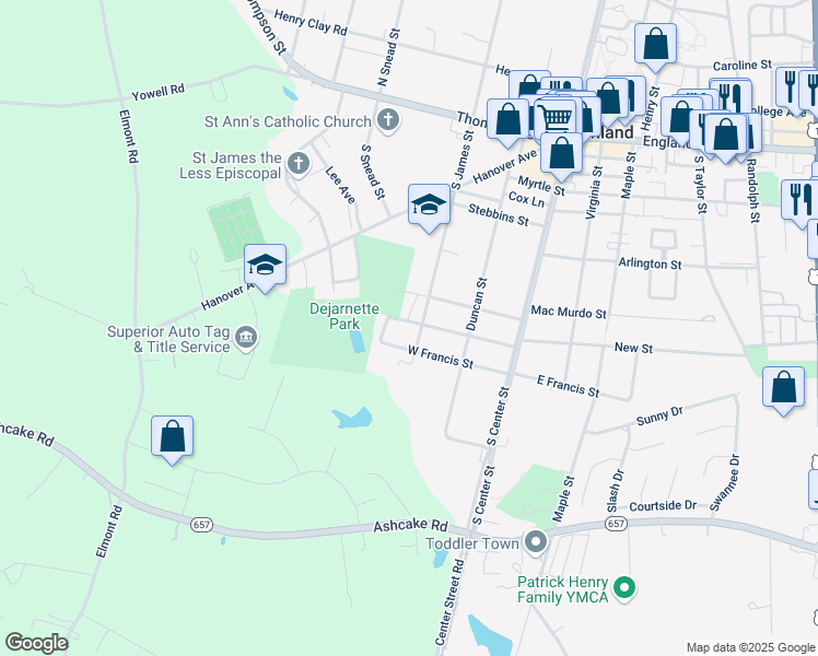 map of restaurants, bars, coffee shops, grocery stores, and more near 500 South James Street in Ashland