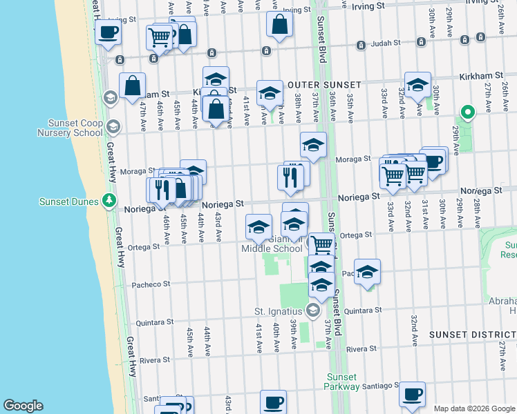 map of restaurants, bars, coffee shops, grocery stores, and more near 1795 40th Avenue in San Francisco