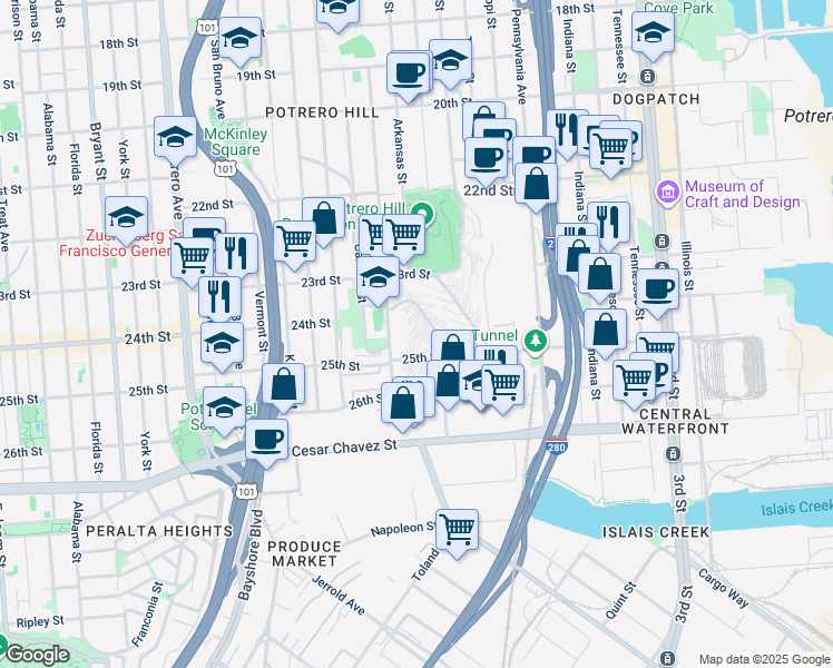 map of restaurants, bars, coffee shops, grocery stores, and more near 1001 Connecticut Street in San Francisco
