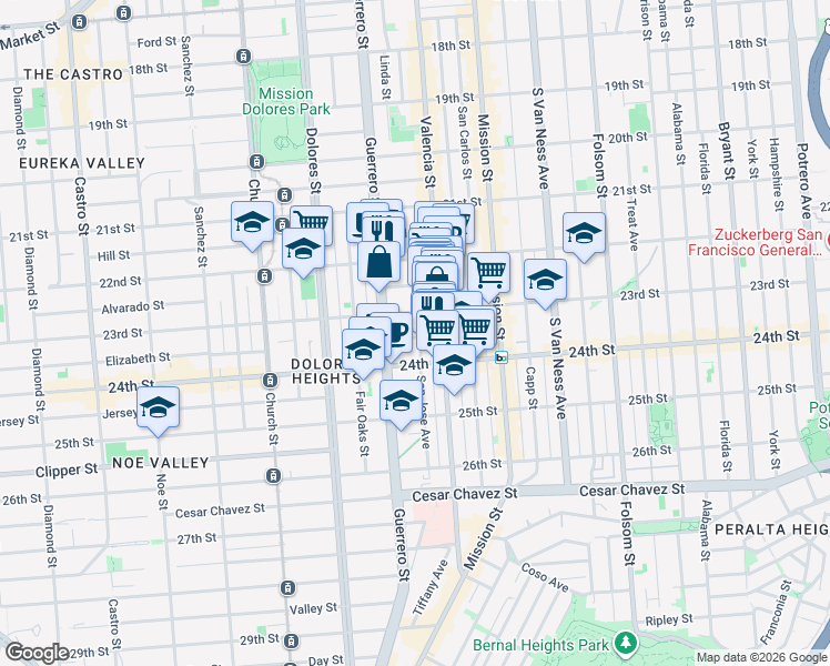 map of restaurants, bars, coffee shops, grocery stores, and more near 3555 23rd Street in San Francisco