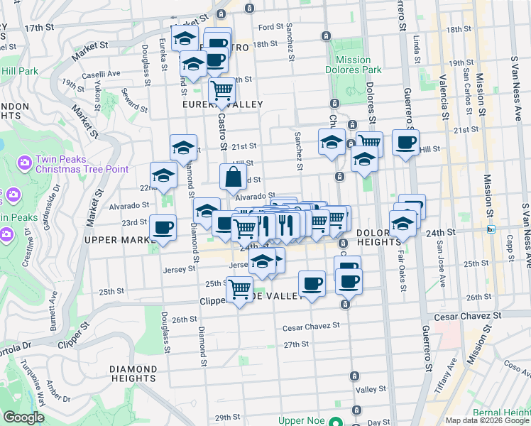 map of restaurants, bars, coffee shops, grocery stores, and more near 3974 23rd Street in San Francisco