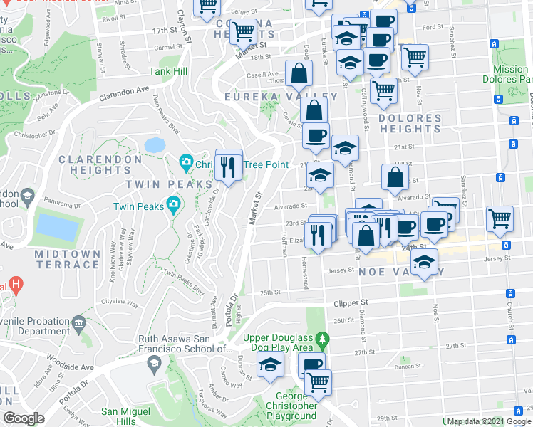 map of restaurants, bars, coffee shops, grocery stores, and more near 296 Grand View Avenue in San Francisco