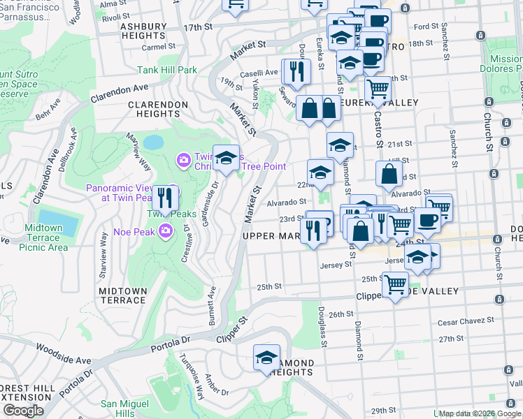 map of restaurants, bars, coffee shops, grocery stores, and more near 296 Grand View Avenue in San Francisco