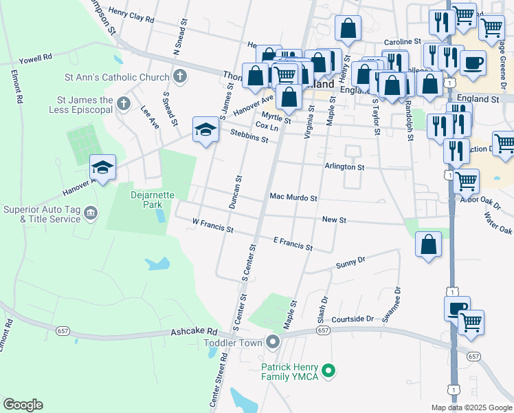 map of restaurants, bars, coffee shops, grocery stores, and more near 802 South Center Street in Ashland