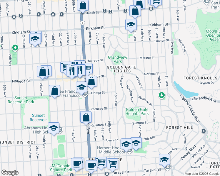map of restaurants, bars, coffee shops, grocery stores, and more near 1849 16th Avenue in San Francisco