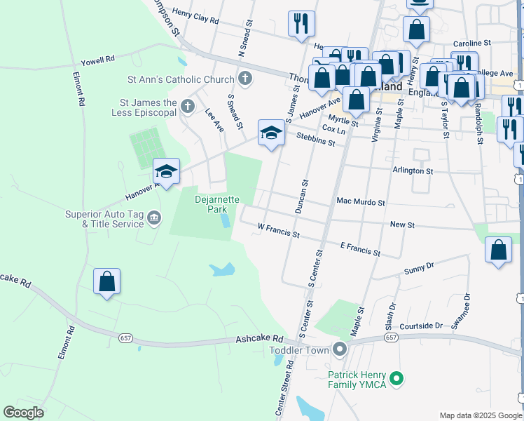 map of restaurants, bars, coffee shops, grocery stores, and more near 500 South James Street in Ashland