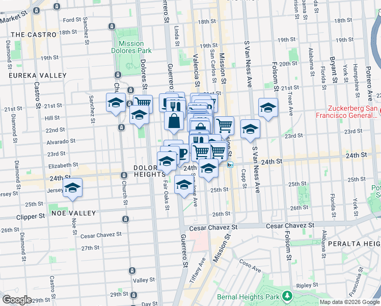 map of restaurants, bars, coffee shops, grocery stores, and more near 3555 23rd Street in San Francisco