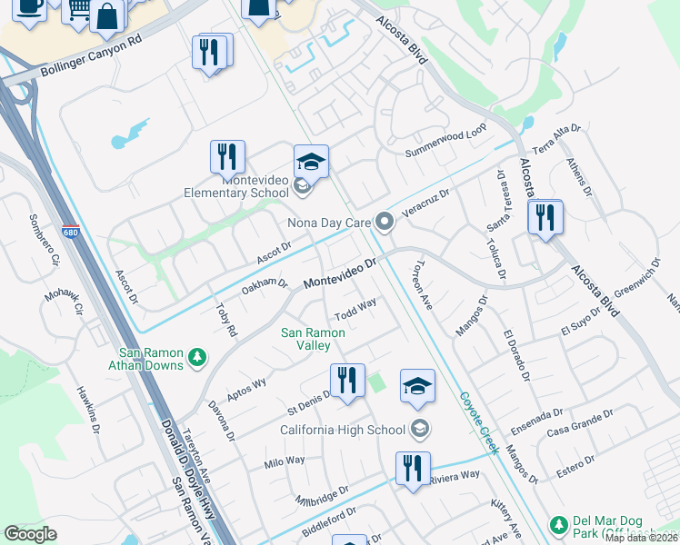 map of restaurants, bars, coffee shops, grocery stores, and more near 10098 Foxboro Circle in San Ramon