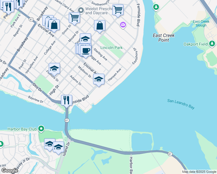 map of restaurants, bars, coffee shops, grocery stores, and more near 1259 Eastshore Drive in Alameda