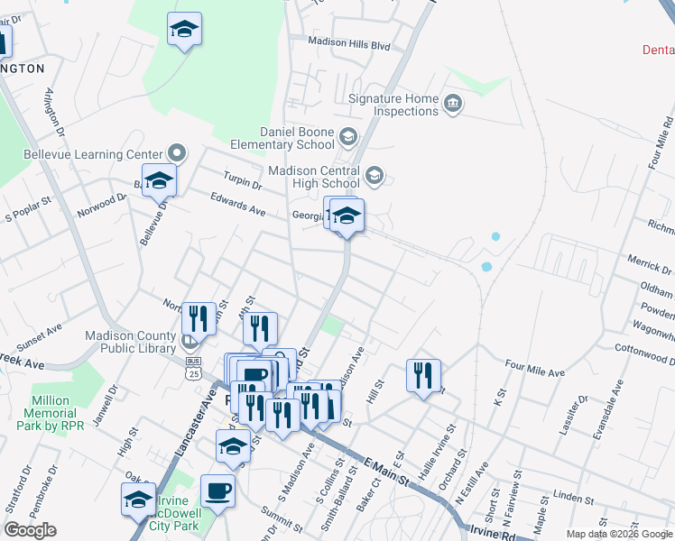 map of restaurants, bars, coffee shops, grocery stores, and more near 210 East Walnut Street in Richmond