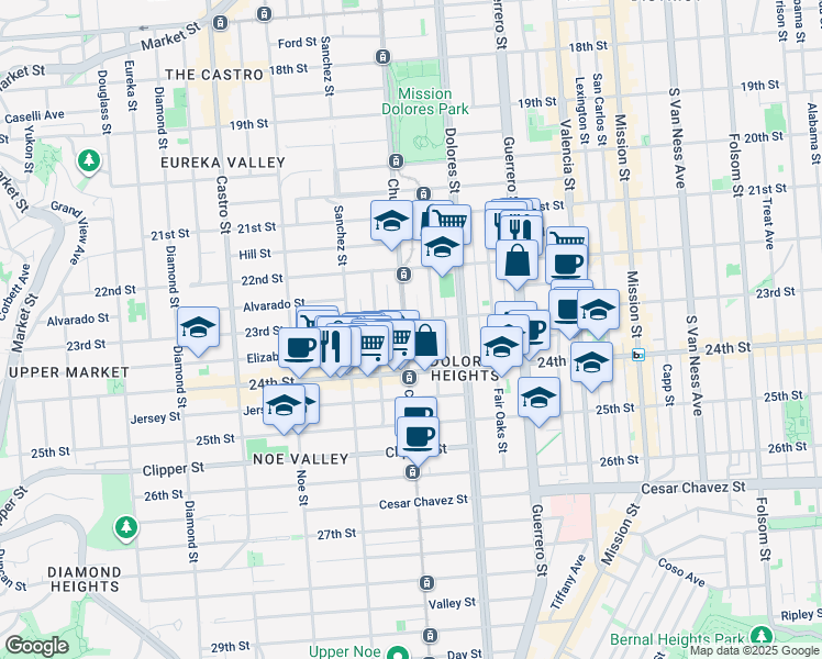 map of restaurants, bars, coffee shops, grocery stores, and more near 1115 Church Street in San Francisco
