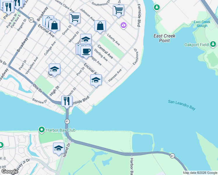 map of restaurants, bars, coffee shops, grocery stores, and more near 1259 Eastshore Drive in Alameda