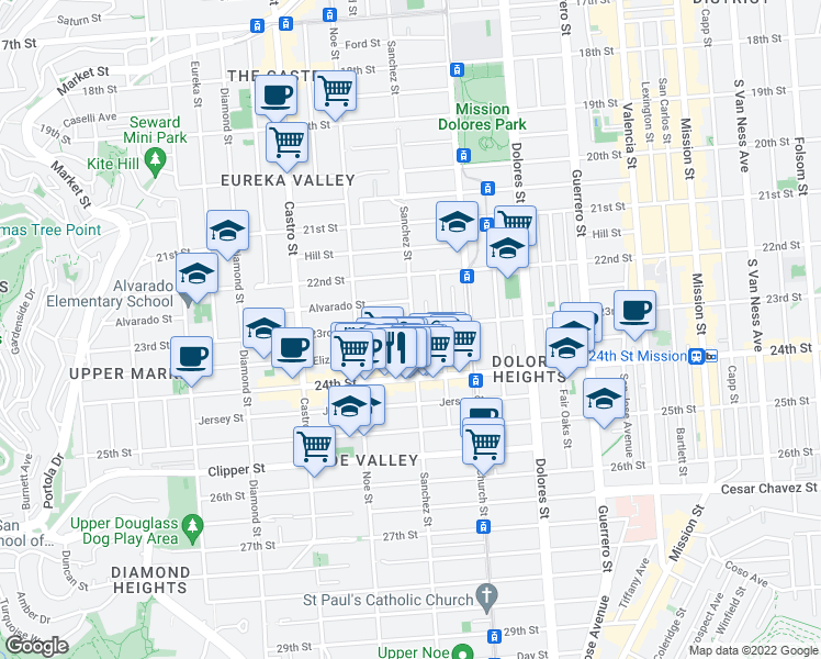 map of restaurants, bars, coffee shops, grocery stores, and more near 1000 Sanchez Street in San Francisco