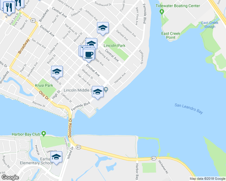 map of restaurants, bars, coffee shops, grocery stores, and more near 1259 Eastshore Drive in Alameda