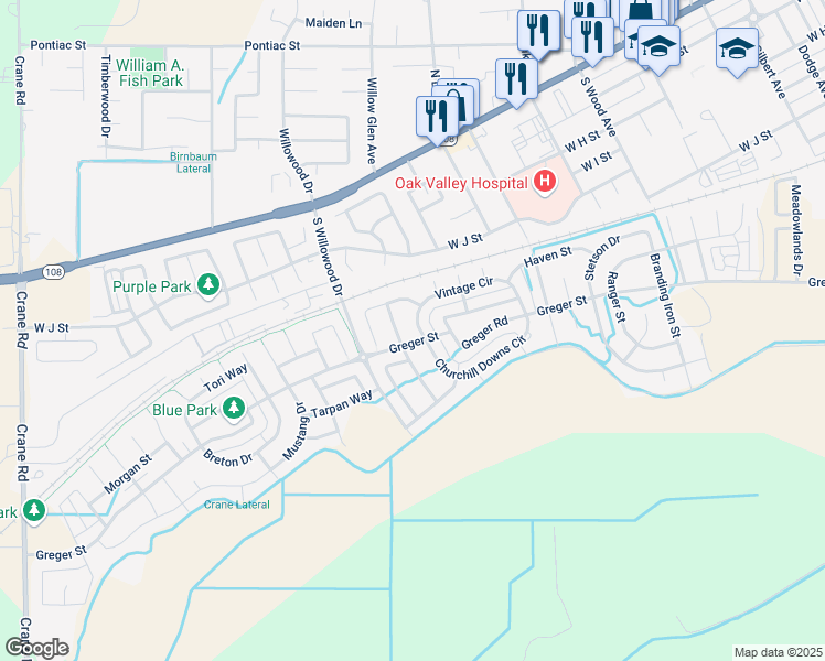 map of restaurants, bars, coffee shops, grocery stores, and more near 539 Wrangler Street in Oakdale