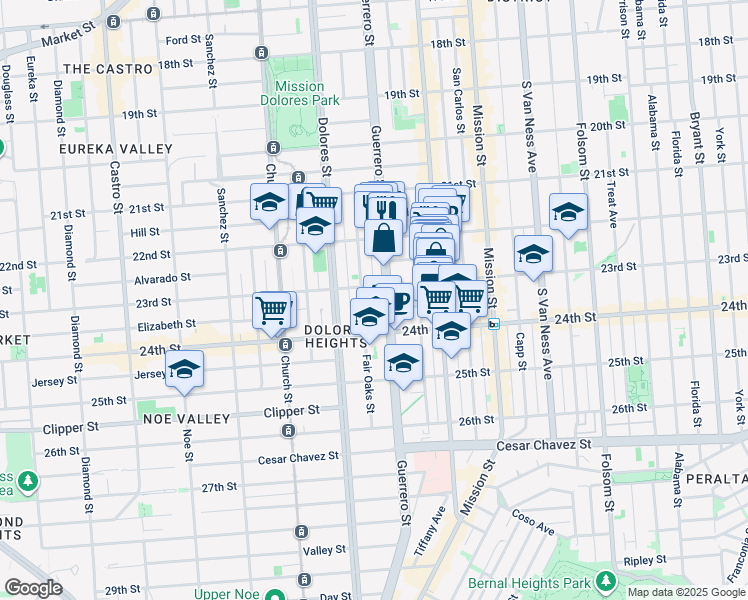 map of restaurants, bars, coffee shops, grocery stores, and more near 189 Fair Oaks Street in San Francisco