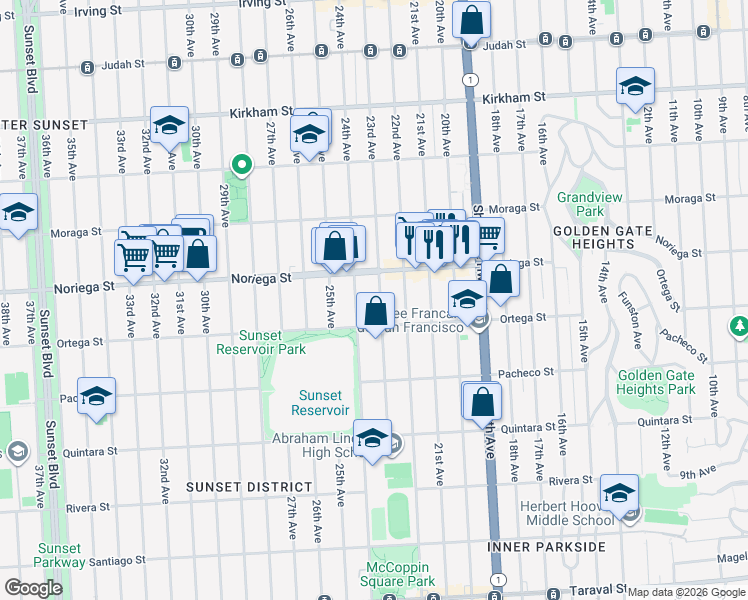 map of restaurants, bars, coffee shops, grocery stores, and more near 1849 23rd Avenue in San Francisco