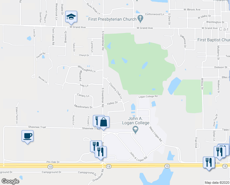 map of restaurants, bars, coffee shops, grocery stores, and more near 605 Country Club Lane in Carterville