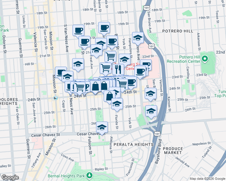 map of restaurants, bars, coffee shops, grocery stores, and more near 1180 Florida Street in San Francisco