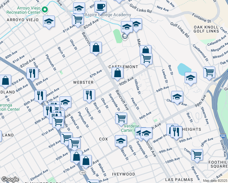 map of restaurants, bars, coffee shops, grocery stores, and more near 2123 90th Avenue in Oakland