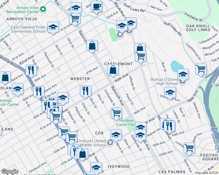 map of restaurants, bars, coffee shops, grocery stores, and more near 2123 90th Avenue in Oakland