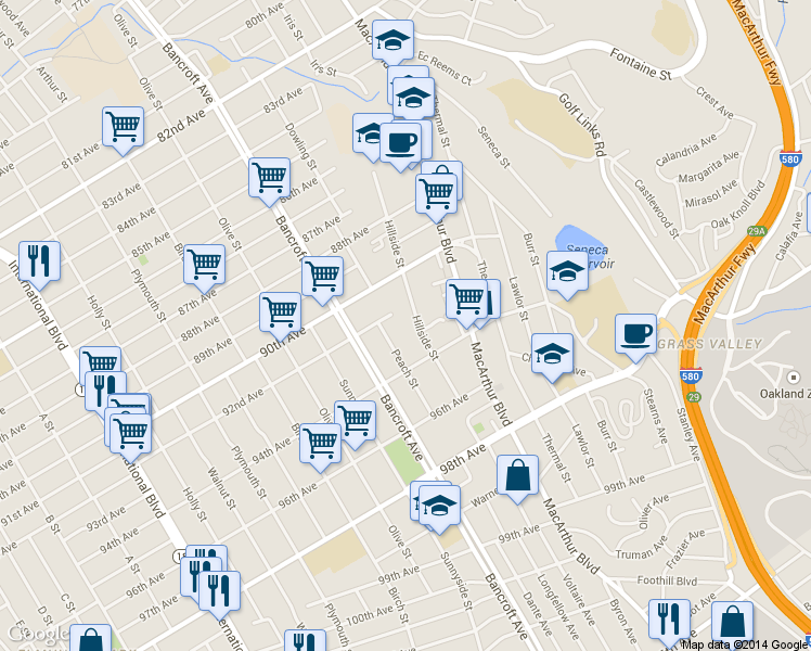 map of restaurants, bars, coffee shops, grocery stores, and more near 9207 Hillside Street in Oakland