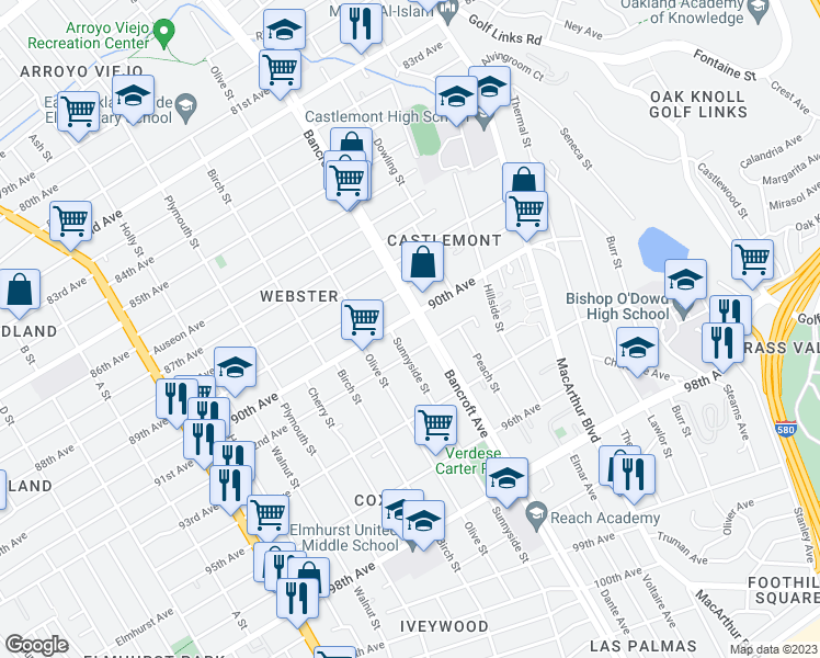 map of restaurants, bars, coffee shops, grocery stores, and more near 2123 90th Avenue in Oakland