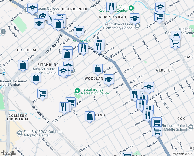map of restaurants, bars, coffee shops, grocery stores, and more near 1224 83rd Avenue in Oakland
