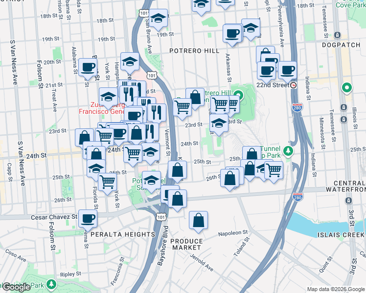 map of restaurants, bars, coffee shops, grocery stores, and more near 1287 Rhode Island Street in San Francisco