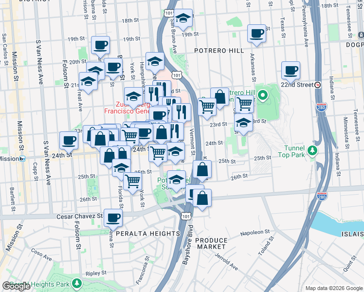 map of restaurants, bars, coffee shops, grocery stores, and more near in San Francisco