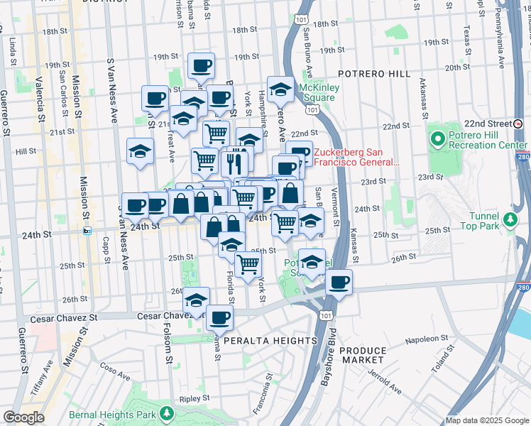 map of restaurants, bars, coffee shops, grocery stores, and more near in San Francisco
