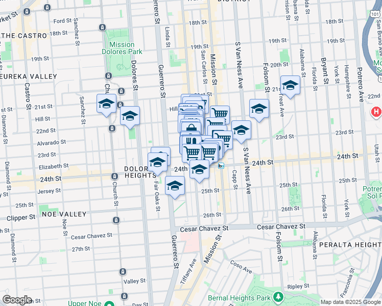 map of restaurants, bars, coffee shops, grocery stores, and more near 1184 Valencia Street in San Francisco