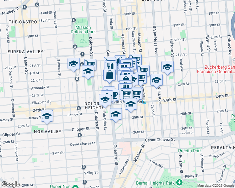 map of restaurants, bars, coffee shops, grocery stores, and more near 3555 23rd Street in San Francisco