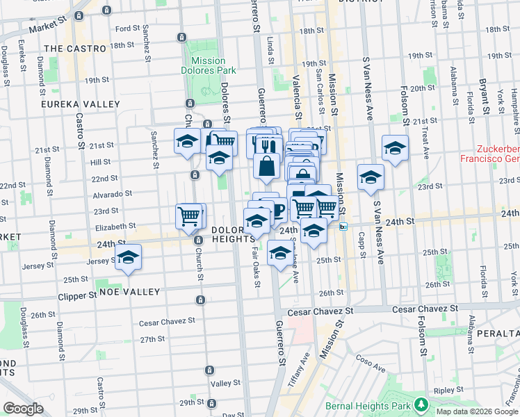map of restaurants, bars, coffee shops, grocery stores, and more near 189 Fair Oaks Street in San Francisco