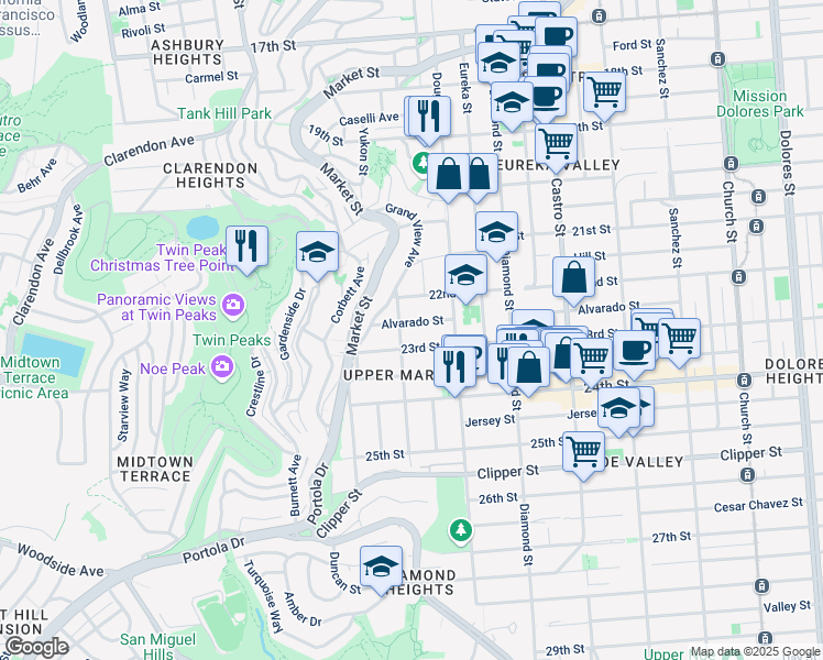 map of restaurants, bars, coffee shops, grocery stores, and more near 884 Alvarado Street in San Francisco