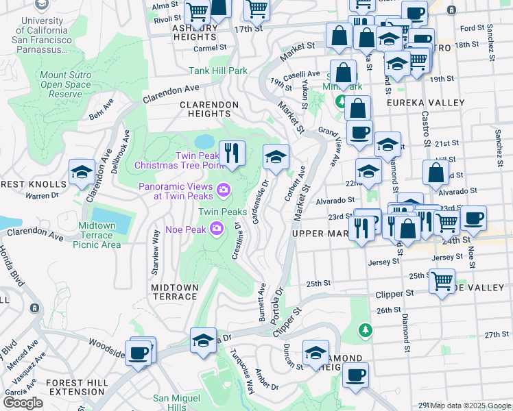 map of restaurants, bars, coffee shops, grocery stores, and more near 130 Gardenside Drive in San Francisco