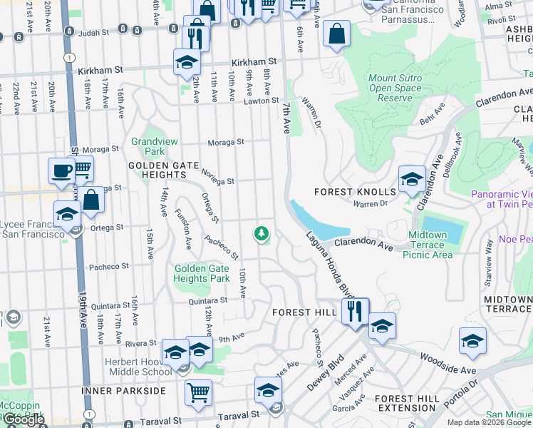 map of restaurants, bars, coffee shops, grocery stores, and more near 1872 8th Avenue in San Francisco