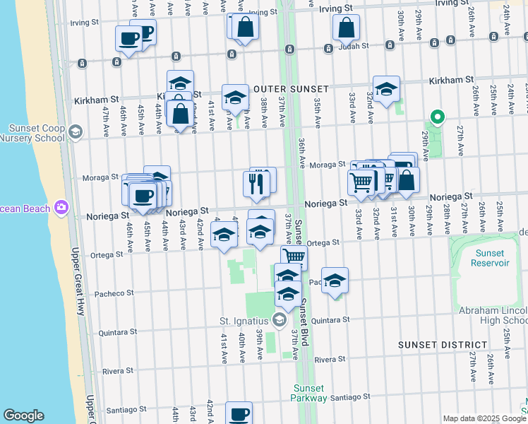 map of restaurants, bars, coffee shops, grocery stores, and more near 3136 Noriega Street in San Francisco
