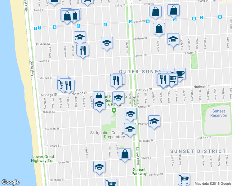 map of restaurants, bars, coffee shops, grocery stores, and more near 3136 Noriega Street in San Francisco
