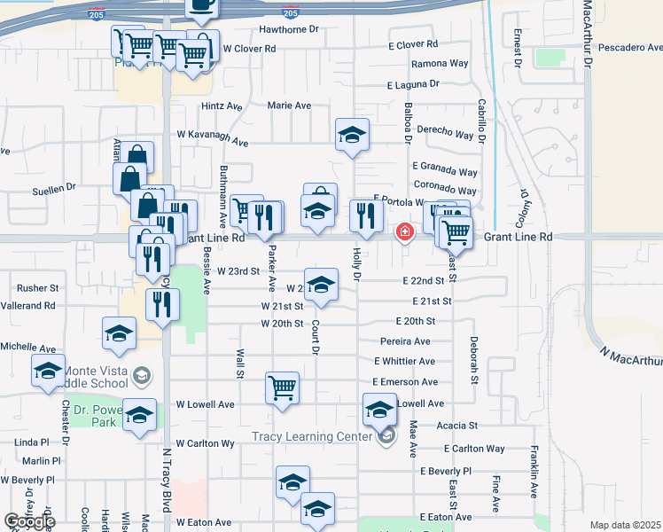 map of restaurants, bars, coffee shops, grocery stores, and more near 111 West 23rd Street in Tracy