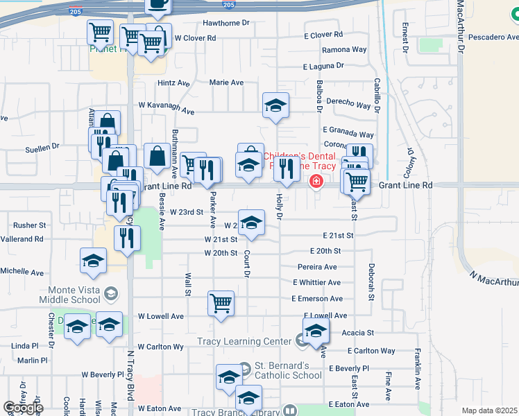 map of restaurants, bars, coffee shops, grocery stores, and more near 111 West 23rd Street in Tracy